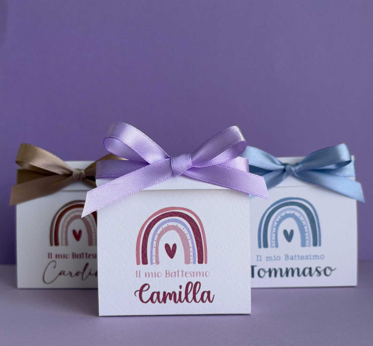 Bomboniera battesimo arcobaleno con bottoncino, scatolina porta confetti nascita, bomboniera battesimo arcobaleno stile boho