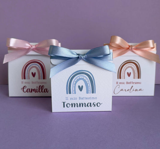 Bomboniera battesimo arcobaleno con bottoncino, scatolina porta confetti nascita, bomboniera battesimo arcobaleno stile boho