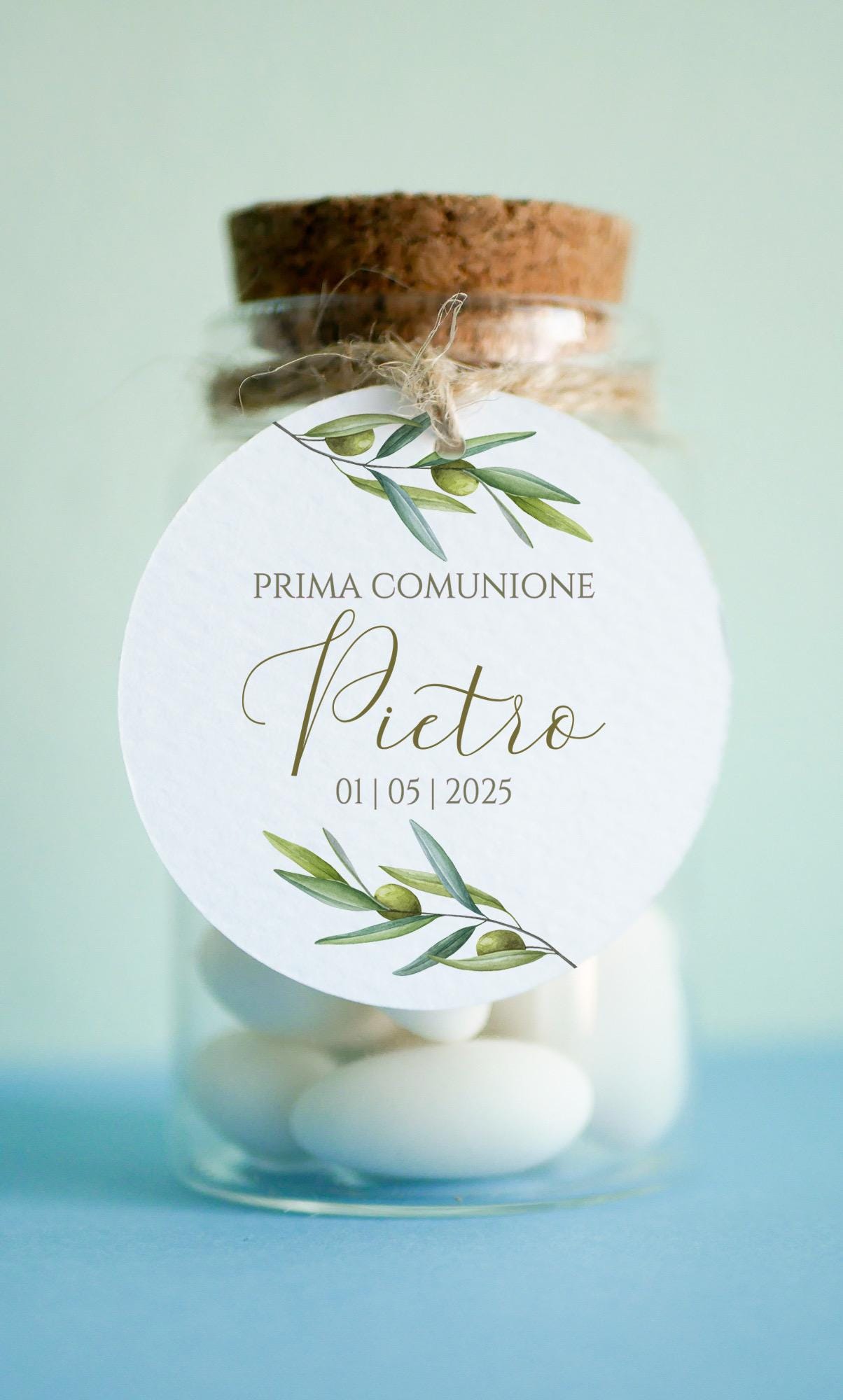 Tag tondi Battesimo bambino Prima Comunione, tag tema ulivo, bomboniera Comunione, tag Cresima ragazzo