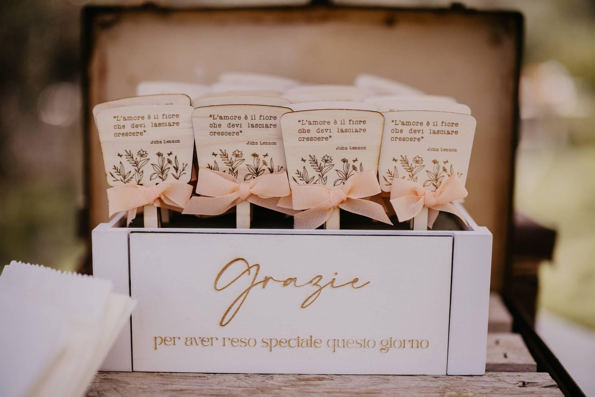 Bomboniera matrimonio in legno con semi piantabili, segnapianta floreale con frase personalizzata per matrimonio, Battesimo, Prima Comunione