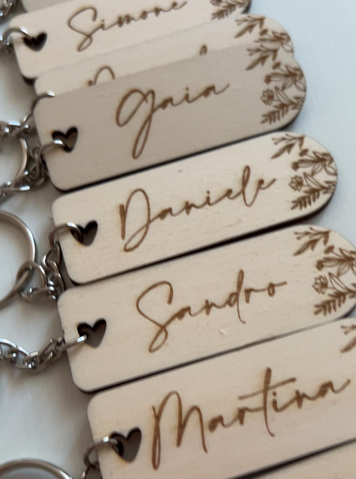Portachiavi segnaposto in legno per Matrimonio,incisione nome personalizzato, segnaposto floreale Prima Comunione, Battesimo
