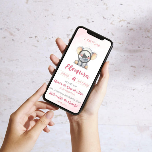 Invito WhatsApp animato per battesimo con elefantina, invito battesimo bambina, partecipazione digitale e-mail e per tutti i social