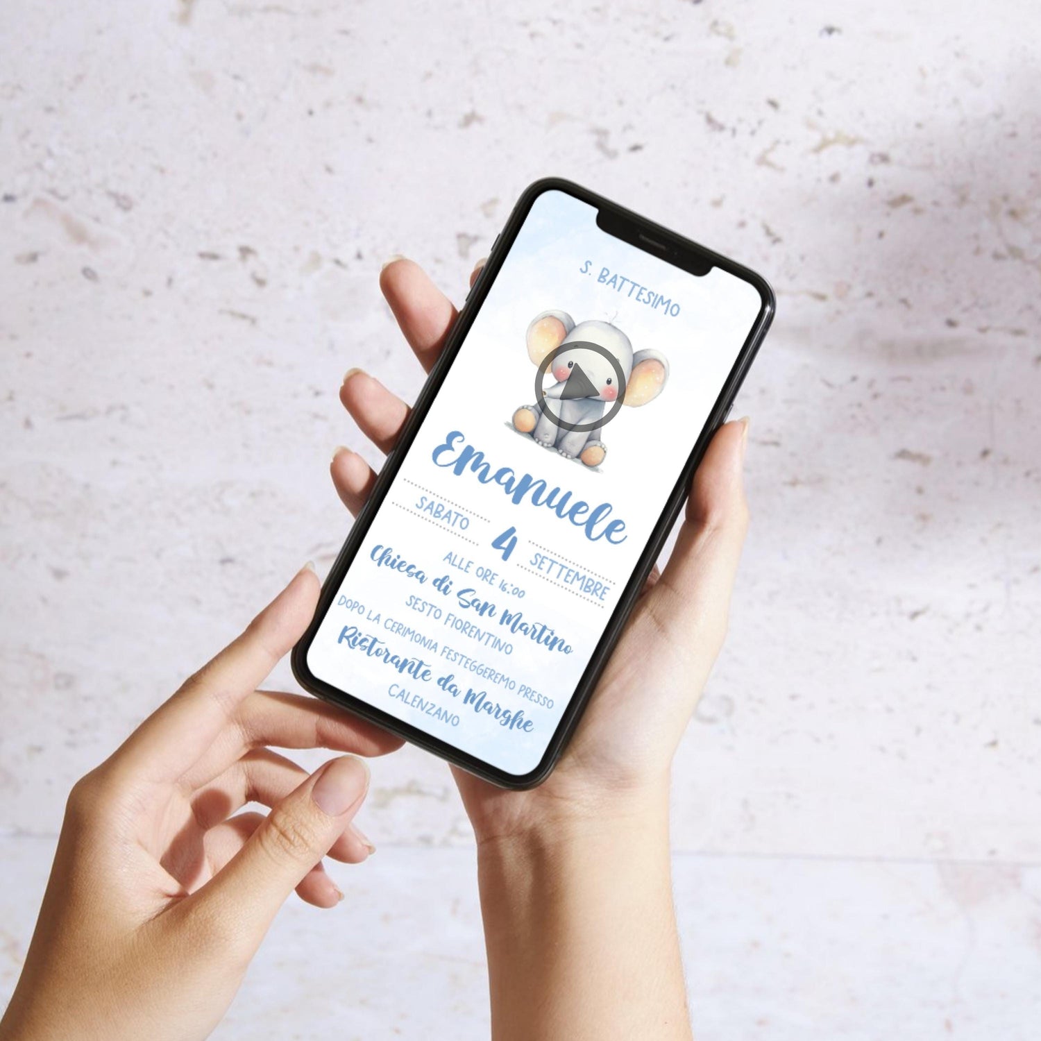 Invito WhatsApp animato per battesimo con elefantino, invito battesimo bambino, partecipazione digitale e-mail e per tutti i social
