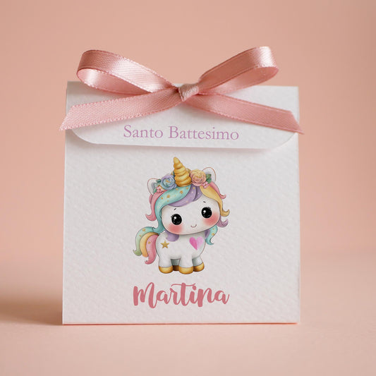 Bomboniera battesimo unicorno con bottoncino, scatolina porta confetti nascita, bomboniera battesimo arcobaleno stile kawaii
