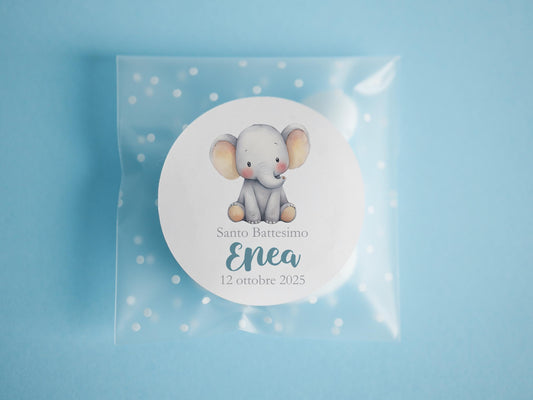 Festa tema elefantino, bustine confetti compleanno con adesivo personalizzato animali della savana, bomboniera DIY fai da te