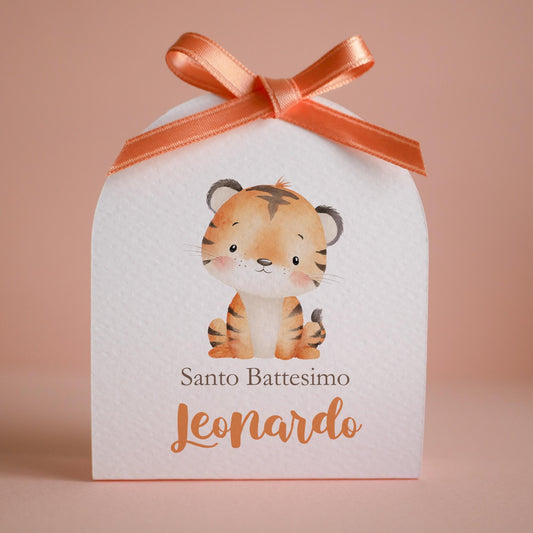 Scatolina battesimo bambino con tigrotto, scatolina porta confetti nascita, bomboniera battesimo bambino safari