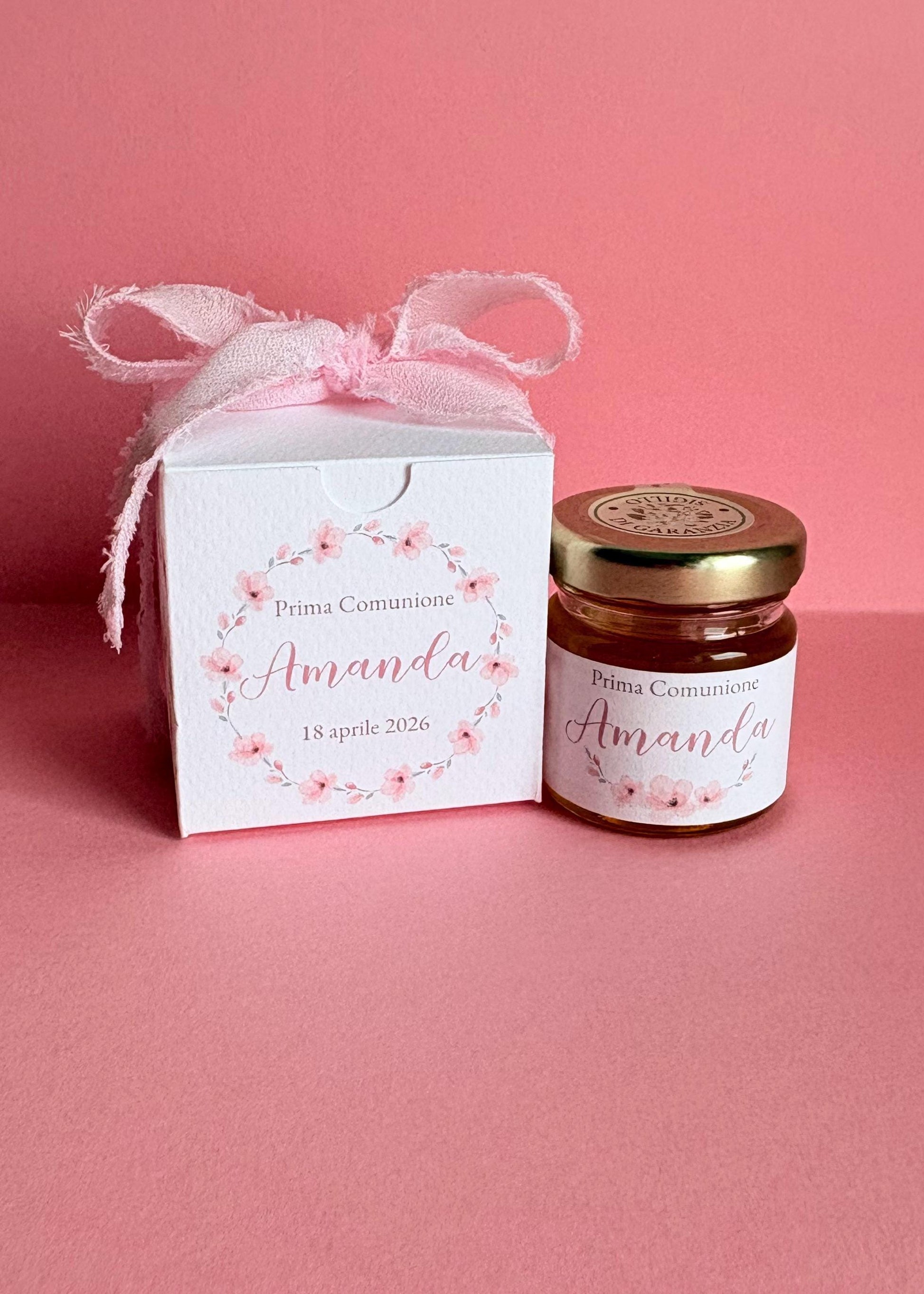 Bomboniera con miele e confetti elegante per Battesimo, nascita e prima comunione a tema floreale sakura, fiori di ciliegio
