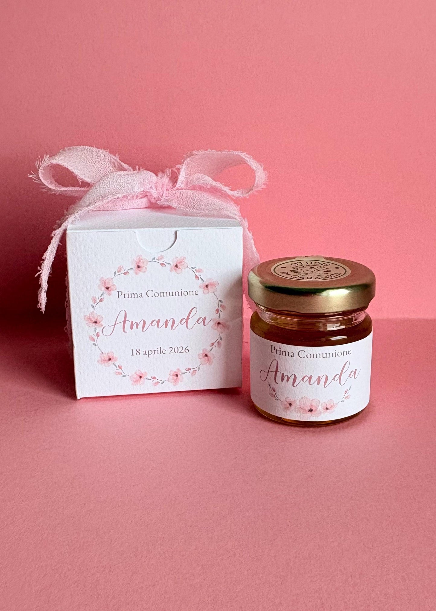 Bomboniera con miele e confetti elegante per Battesimo, nascita e prima comunione a tema floreale sakura, fiori di ciliegio