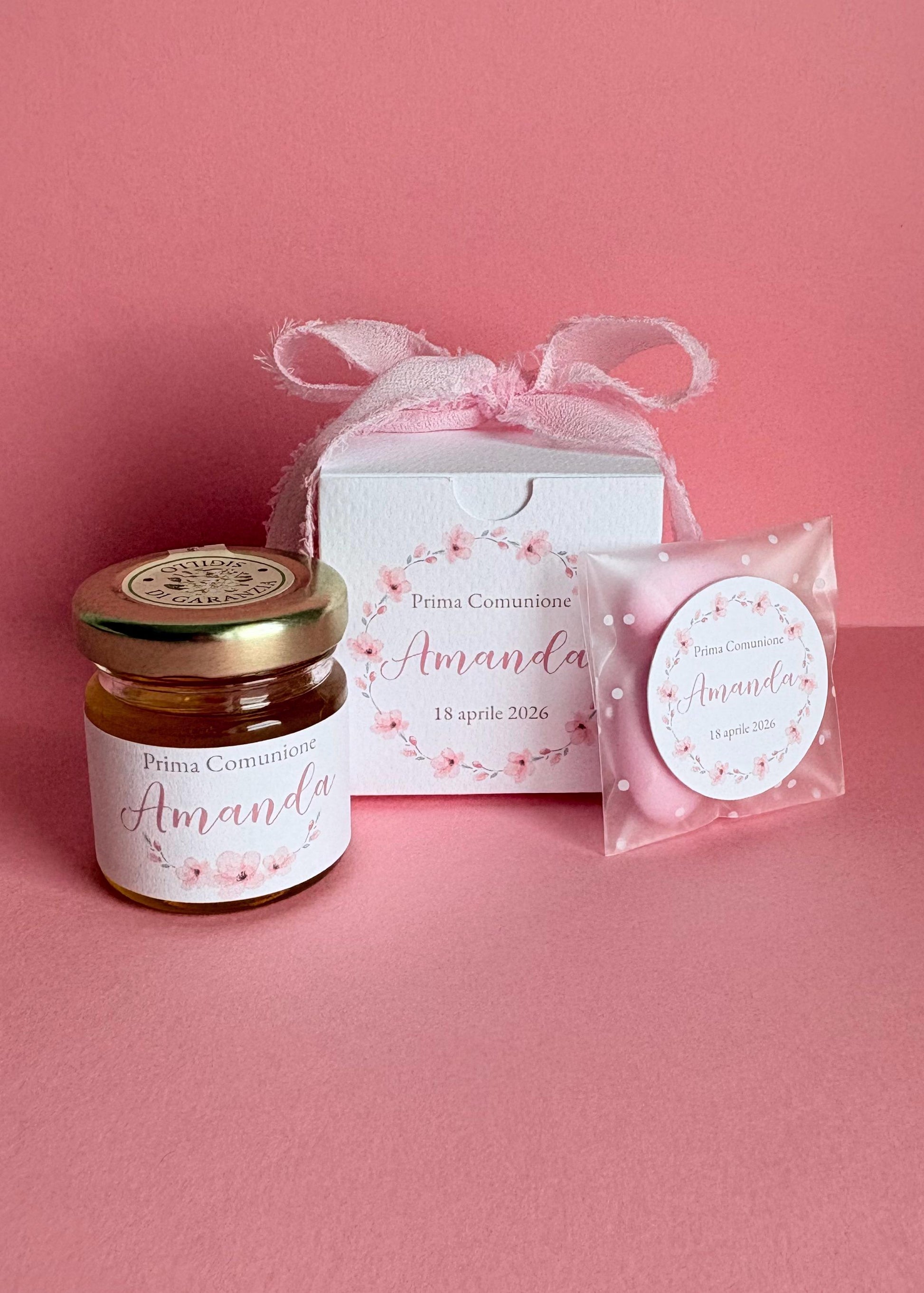 Bomboniera con miele e confetti elegante per Battesimo, nascita e prima comunione a tema floreale sakura, fiori di ciliegio