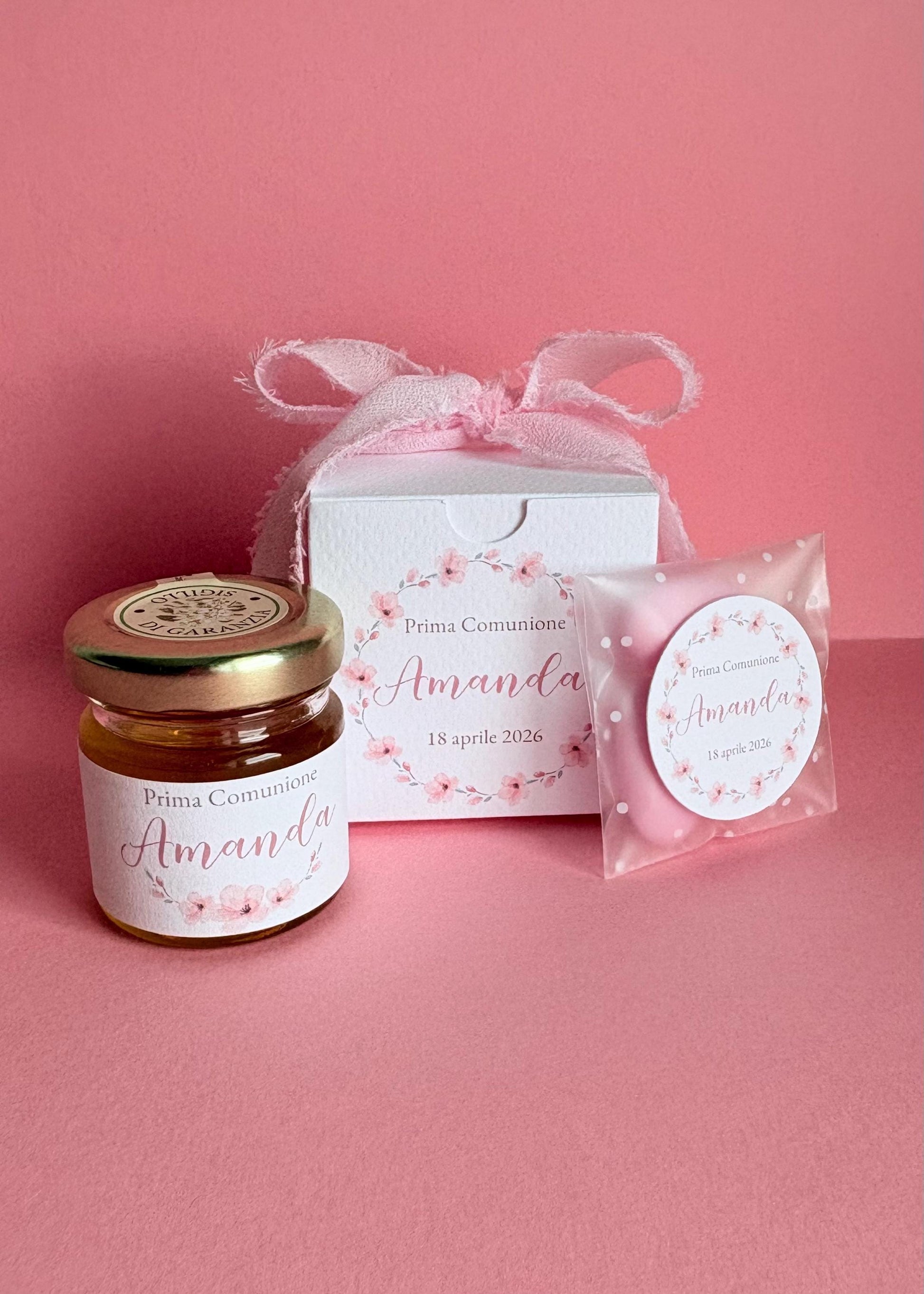 Bomboniera con miele e confetti elegante per Battesimo, nascita e prima comunione a tema floreale sakura, fiori di ciliegio
