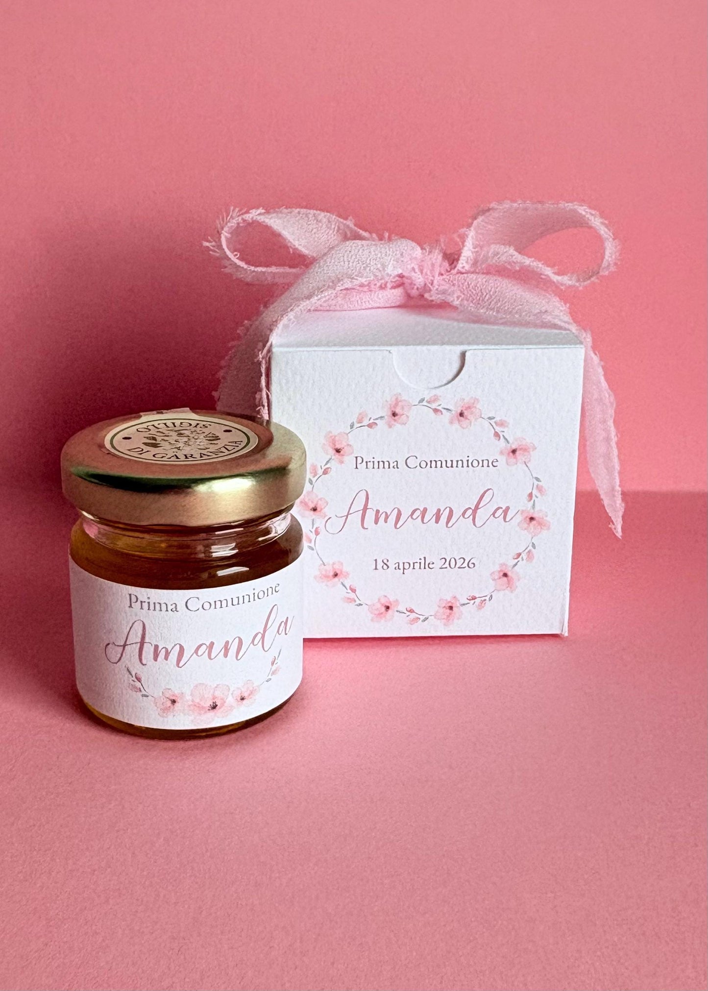 Bomboniera con miele e confetti elegante per Battesimo, nascita e prima comunione a tema floreale sakura, fiori di ciliegio