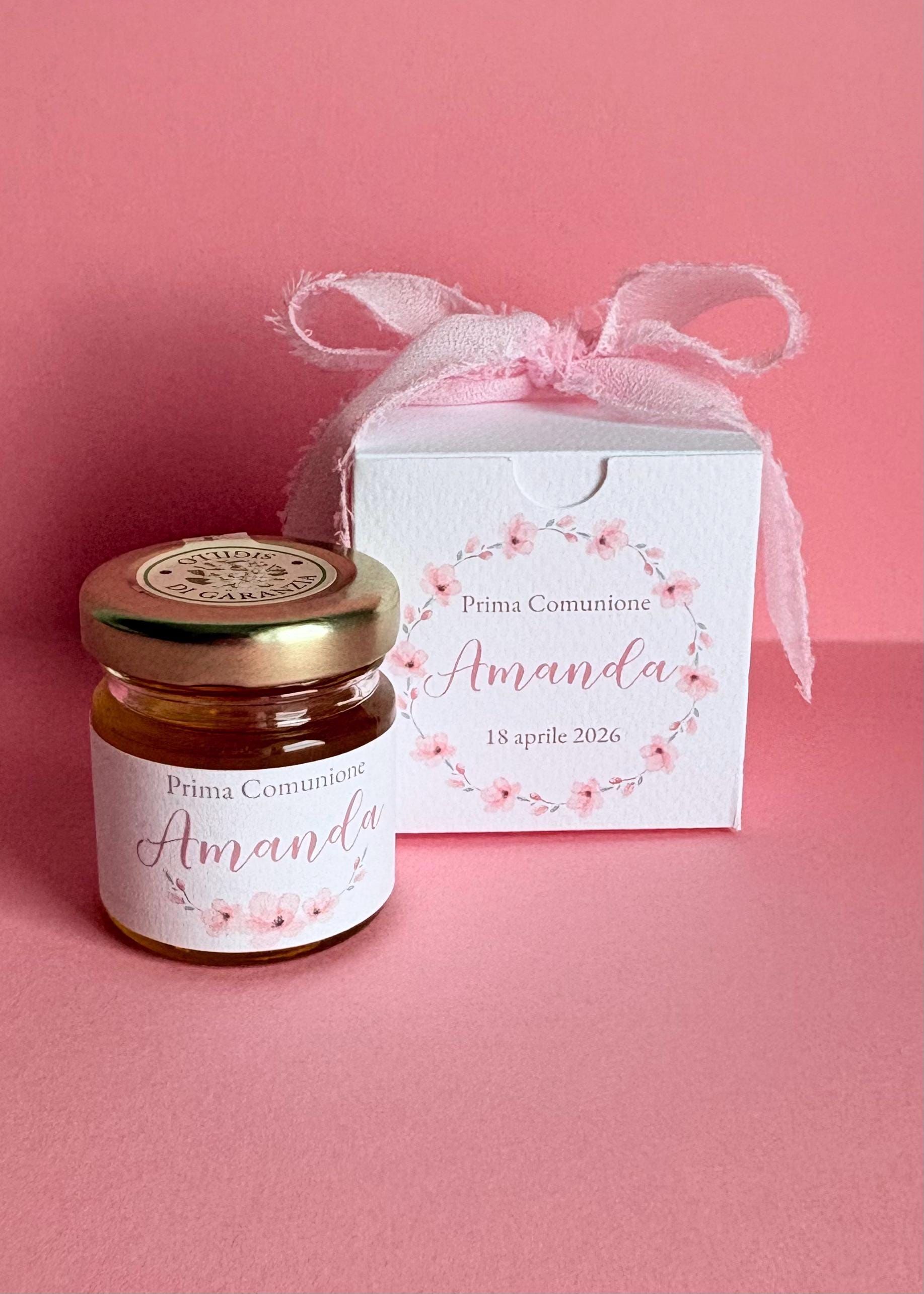 Bomboniera con miele e confetti elegante per Battesimo, nascita e prima comunione a tema floreale sakura, fiori di ciliegio