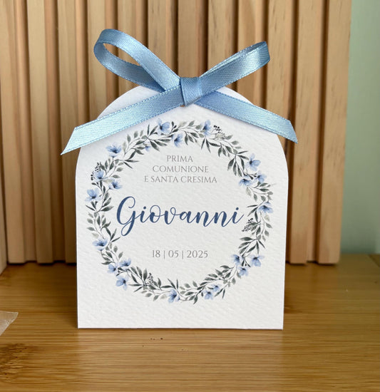 Scatolina Cresima bambino floreale blu, scatolina porta confetti nascita, bomboniera Prima Comunione bambino