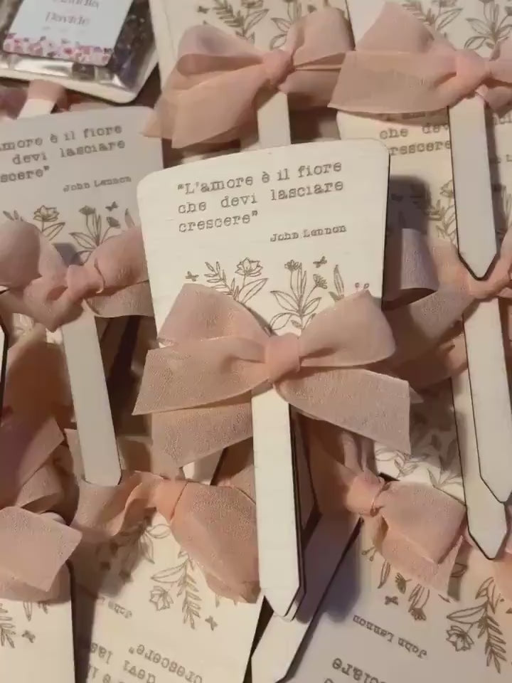 Bomboniera matrimonio in legno con semi piantabili, segnapianta floreale con frase personalizzata per matrimonio, Battesimo, Prima Comunione