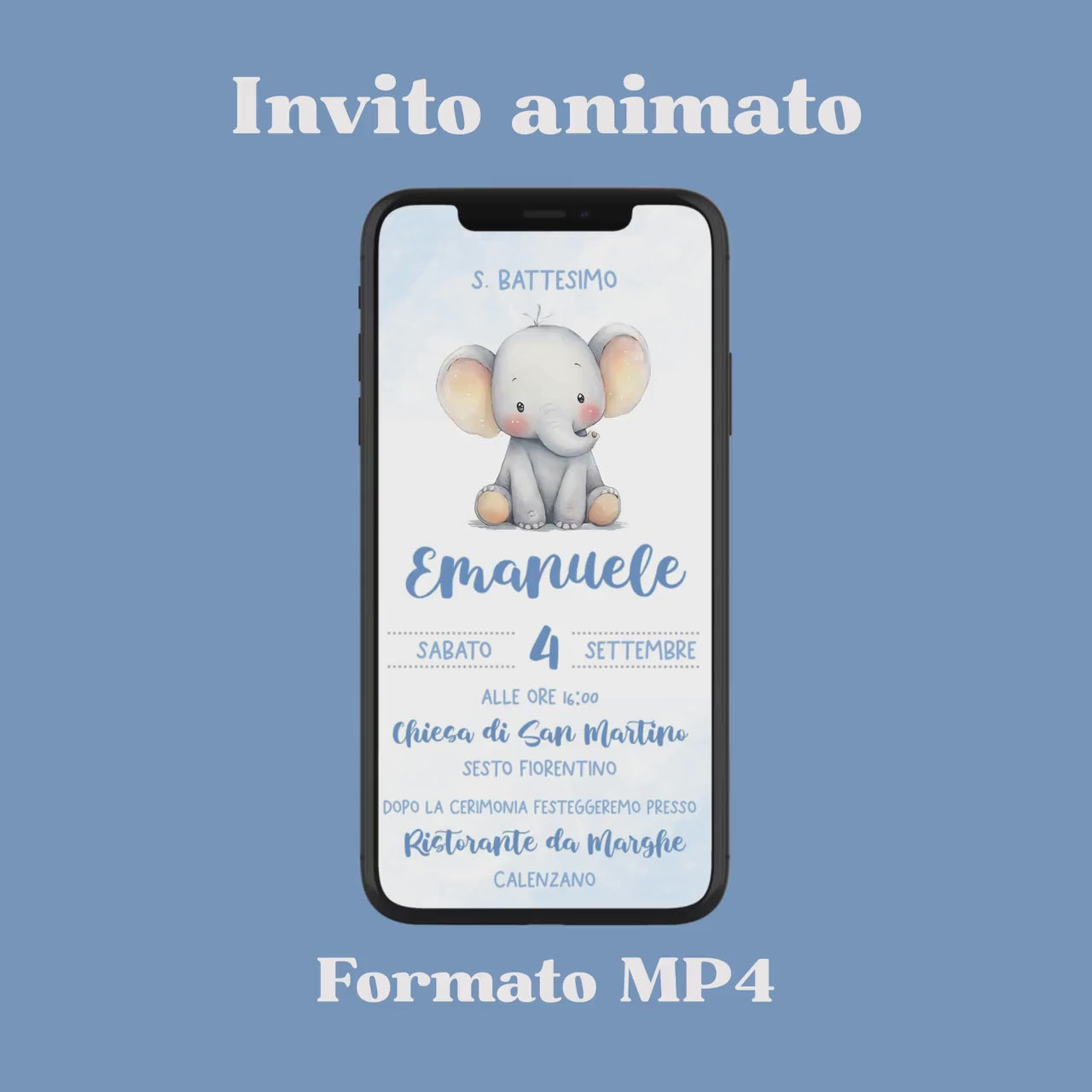 Invito WhatsApp animato per battesimo con elefantino, invito battesimo bambino, partecipazione digitale e-mail e per tutti i social