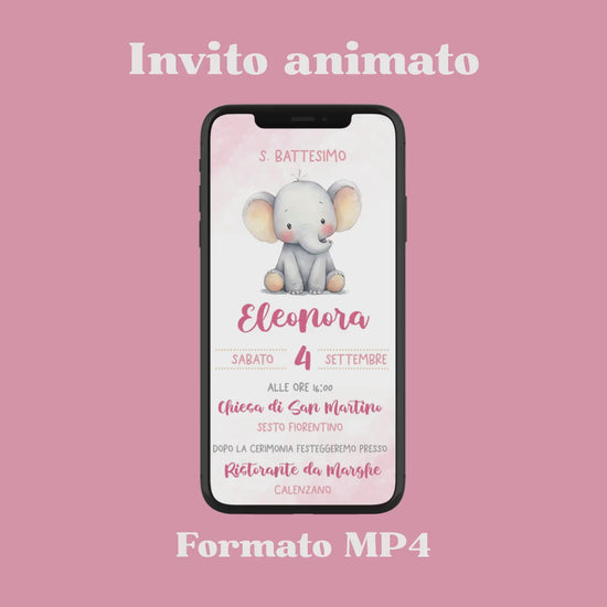 Invito WhatsApp animato per battesimo con elefantina, invito battesimo bambina, partecipazione digitale e-mail e per tutti i social