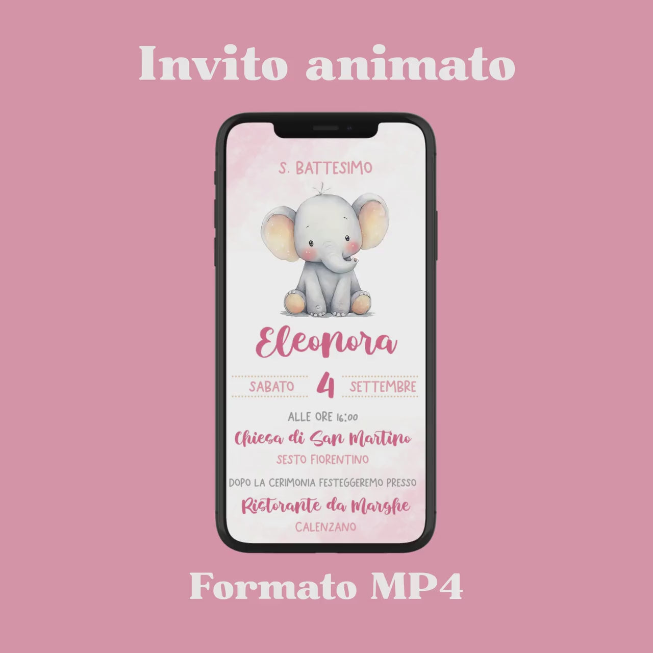 Invito WhatsApp animato per battesimo con elefantina, invito battesimo bambina, partecipazione digitale e-mail e per tutti i social