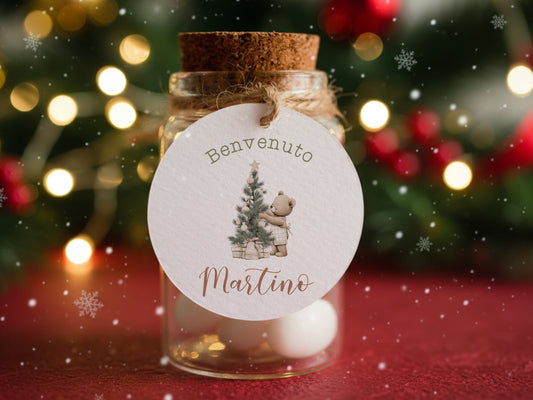 Tag orsetti per bomboniere Battesimo periodo natalizio e invernale, tag orsetto baimbo, Tag nascita bimbo teddy bear, albero di natale